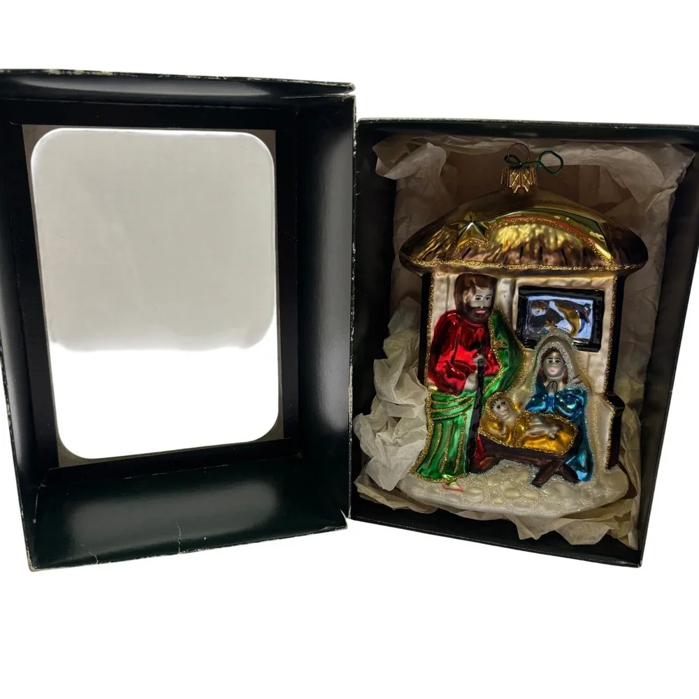 Hand Crafted Poland Glass Nativity Scene‎ Christmas Ornament Holy Family Stable